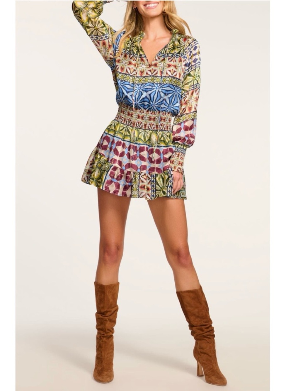 Ramy Brook Ashalina Metallic Silk Long Sleeve Minidress in Ribbon Blue Combo M